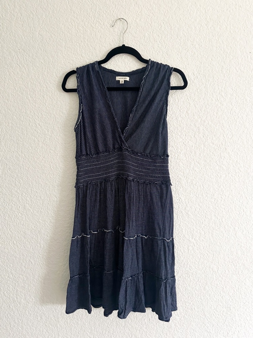 Max Studio Navy & White Pinstripe V‑Neck Midi Dress